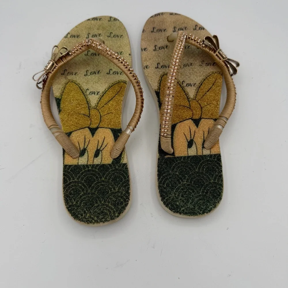 Disney Flip Flops Women Size 37/8 Good Gold Minnie Mouse Rhinestone Bow Sandals
